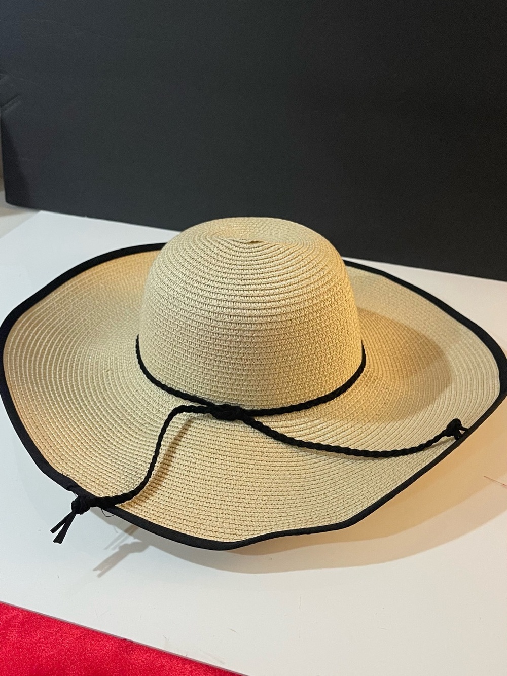 Wide Brim Straw Sun Hat with Black Trim